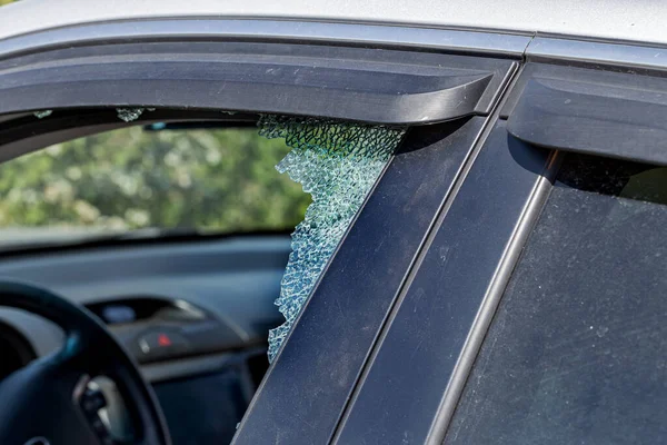 Criminal Incident Hacking Car Broken Driver Side Window Car Thieves — Stock Photo, Image