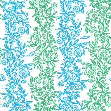 Yeşil ve mavi çiçekler el çekilmiş seamless modeli. Vektör çizim
