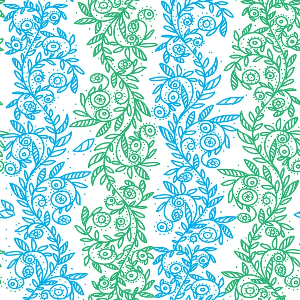 Fleurs vertes et bleues dessinées à la main motif sans couture. Illustration vectorielle — Image vectorielle