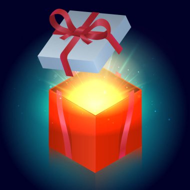 Parlayan yıldız ile parlak kırmızı hediye kutusu. Vektör çizim