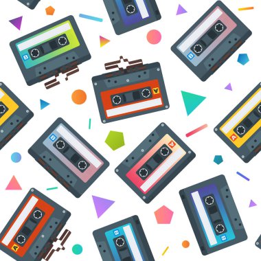 Düz Cassete teyp Seamless modeli. Vektör arka plan