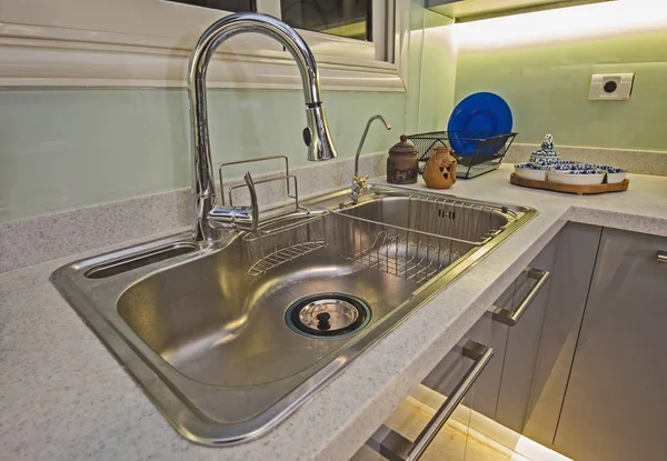 Kitchen interior design of luxury apartment metal sink — Stock Photo, Image