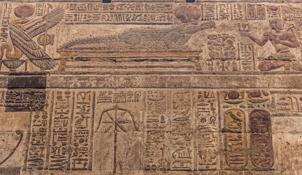 Hieroglyfiska sniderier på en forntida egyptisk tempel vägg — Stockfoto