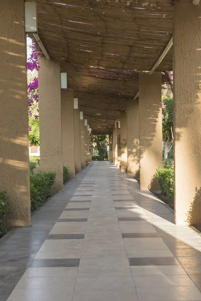 Percorso coperto di piastrelle con colonne in giardino formale — Foto Stock