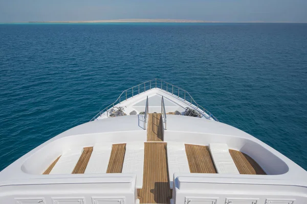 View over the bow over a large luxury motor yacht — Stock Photo, Image