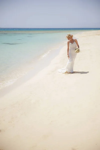 Bella sposa in un giorno di nozze sulla spiaggia tropicale — Foto Stock