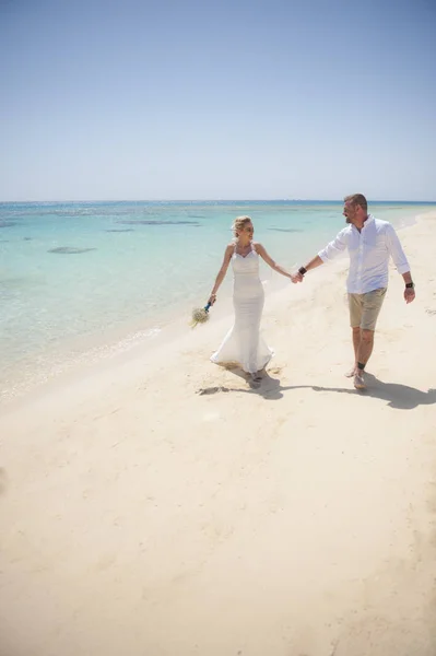 Прекрасная супружеская пара в тропический день свадьбы на пляже — стоковое фото