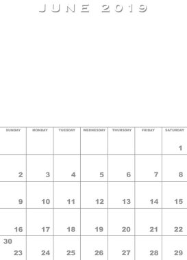 Haziran 2019 Takvim şablonu