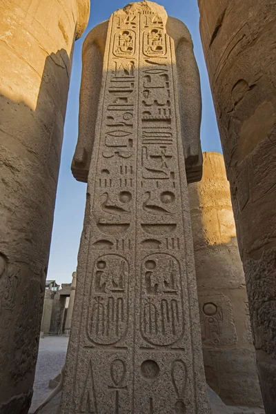 Esculturas hieroglíficas egípcias antigas em colunas no templo — Fotografia de Stock