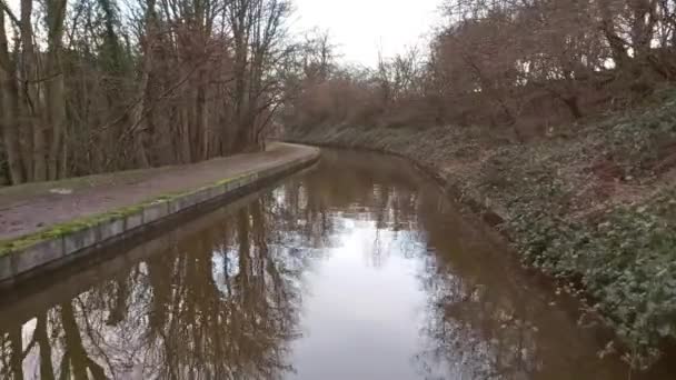 英国の木々が並ぶ水路の風景を旅する狭いボートの船首からの眺め — ストック動画