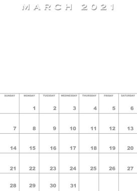 Mart 2021 takvim arkaplanı resimler için boşluk ile şablon