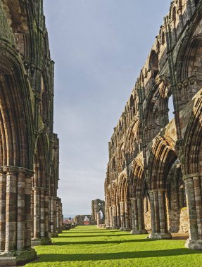 Antik bir gotik İngiliz manastırı kalıntıları yakın çekim detaylarını gösteriyor.