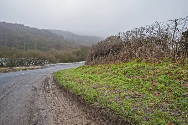 Kırsal Kesimde Yol Sisli Bulutlu Bir Günde Köşeyi Dönüyor — Stok fotoğraf