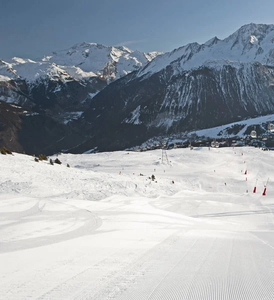 Panorama Vista Valle Lungo Una Pista Sci Inverno Località Montana — Foto Stock