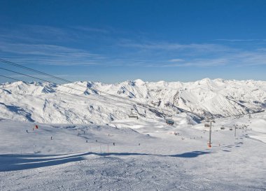 Panoramik manzara vadisi, dağ tepelerindeki bir kayak pistinin aşağısında.
