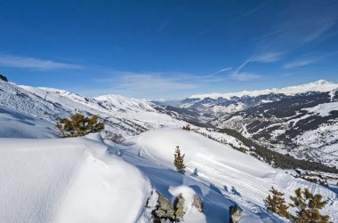 Panoramik manzara aşağı karla kaplı dağ sırasındaki vadi mavi gökyüzü arka planında kozalaklı çam ağaçları ile