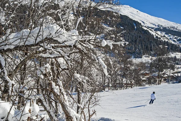 Panoramik Manzara Vadisi Kışın Alp Dağları Nda Kayakçıyla Birlikte Bir — Stok fotoğraf