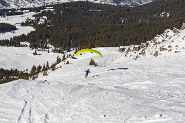 Paraglider karla kaplı bir yamaçtan havalanıyor ormanlı bir dağ vadisine bakıyor.