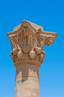 Dendera 'daki antik Mısır tapınağı Hathor' daki mezarlık-Roma sütunun üzerine oymalar
