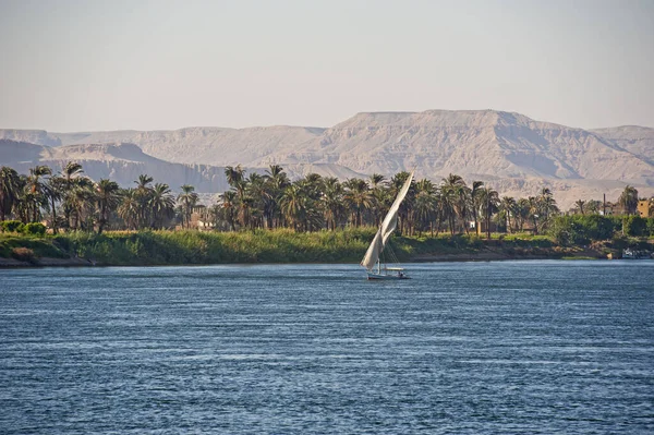 Tradiční Egyptské Felluca Říční Loď Plachtění Nilu Luxor Západní Břeh — Stock fotografie