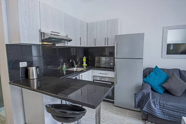 Lüks Apartmandaki Oturma Odası Salonu Mutfak Dekorasyon Mobilyalarını Gösteren Evi — Stok fotoğraf
