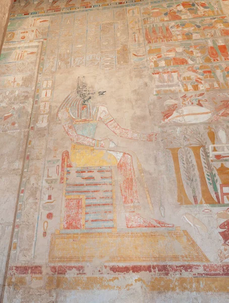 Hieroglypické Řezby Malby Stěně Starověkého Egyptského Chrámu Hatshetup Luxoru — Stock fotografie
