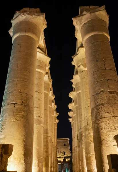 Esculturas Hieroglípicas Grandes Colunas Antigo Templo Egípcio Luxor Iluminado Durante — Fotografia de Stock