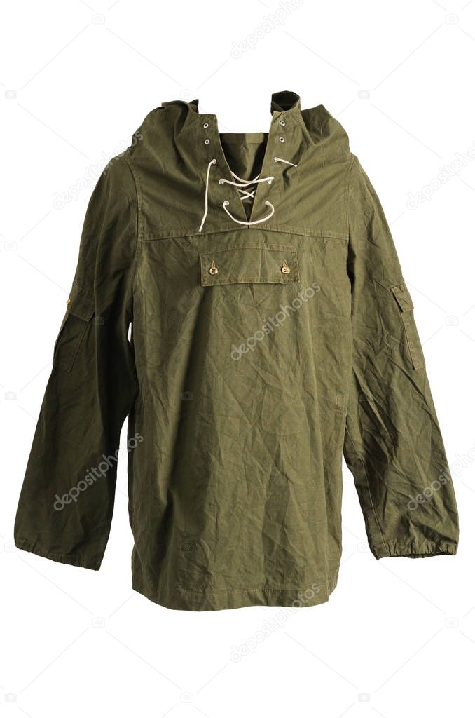 Green Army Smock Parka Jacket Front on White Background