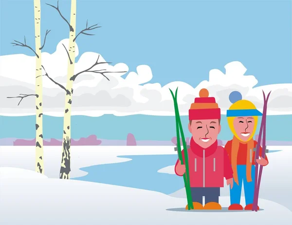 滑雪的夫妇冬季活动 — 图库矢量图片