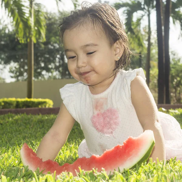 Zweijähriges Mädchen Weiß Und Hübsch Rosa Kleid Sitzt Auf Grünem — Stockfoto