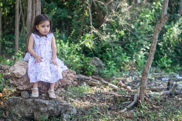 Linda niña de tres años, sentada en una piedra del campo, mirando triste e intensa fuera de la cámara, en la maleza de fondo — Foto de Stock