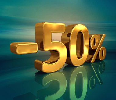 3D altın -50%, eksi yüzde elli indirim işareti