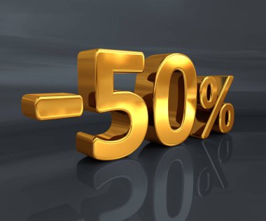 3D altın -50%, eksi yüzde elli indirim işareti