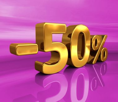 3D altın -50%, eksi yüzde elli indirim işareti
