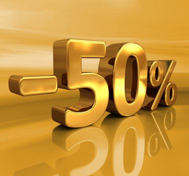 3D altın -50%, eksi yüzde elli indirim işareti