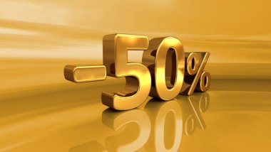 3D altın -50%, eksi yüzde elli indirim işareti