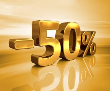 3D altın -50%, eksi yüzde elli indirim işareti