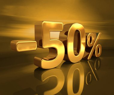 3D altın -50%, eksi yüzde elli indirim işareti