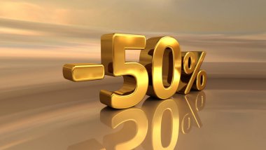 3D altın -50%, eksi yüzde elli indirim işareti