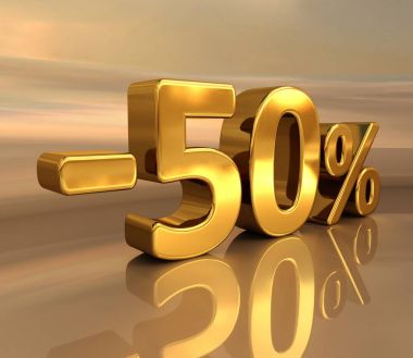 3D altın -50%, eksi yüzde elli indirim işareti