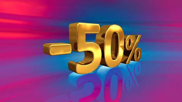 3d ouro-50%, Menos cinquenta por cento sinal de desconto — Fotografia de Stock