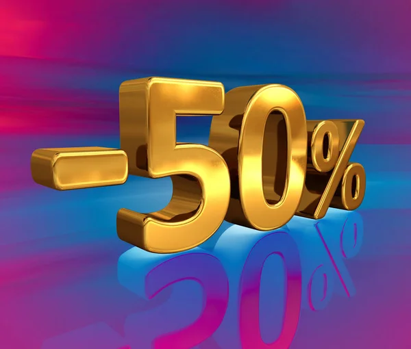 3D-gold 50 %, ötven százalék kedvezményt mínuszjel — Stock Fotó