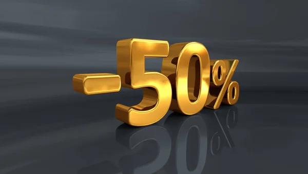 3D guld -50%, femtio procent rabatt minustecken — Stockfoto