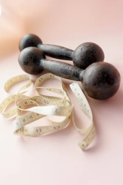 Dumbbells and Tape Measure, Fitness Concept — Stock Photo, Image