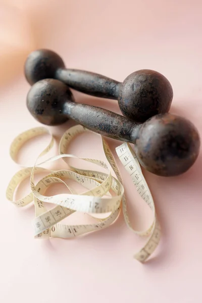 Dumbbells and Tape Measure, Fitness Concept — Stock Photo, Image