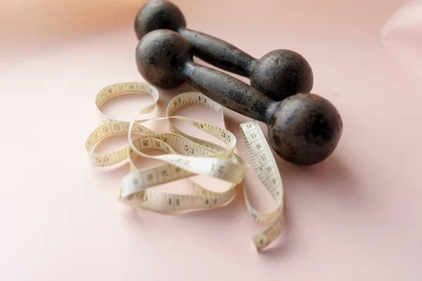 Dumbbells and Tape Measure, Fitness Concept — Stock Photo, Image