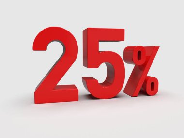 3d Render: Beyaz Arkaplanda% 25 İndirimli İşaret,% 25 indirimli Özel Teklif,% 25 indirimli,% 25 'e yakın Harf Satış Sembolü, Özel Teklif Etiketi, Etiket, Etiket