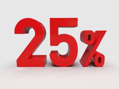 3d Render: Beyaz Arkaplanda% 25 İndirimli İşaret,% 25 indirimli Özel Teklif,% 25 indirimli,% 25 'e yakın Harf Satış Sembolü, Özel Teklif Etiketi, Etiket, Etiket
