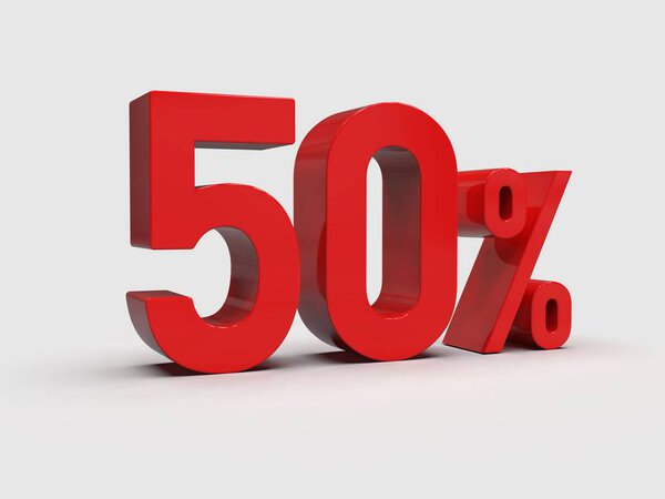 3d Render: Red 50% Percent Discount 3d Sign on Light Background, Special Offer 50% Discount Tag, Sale Up to 50 Percent Off, Fifty Percent Letters Sale Symbol, Special Offer Label, Sticker, Tag