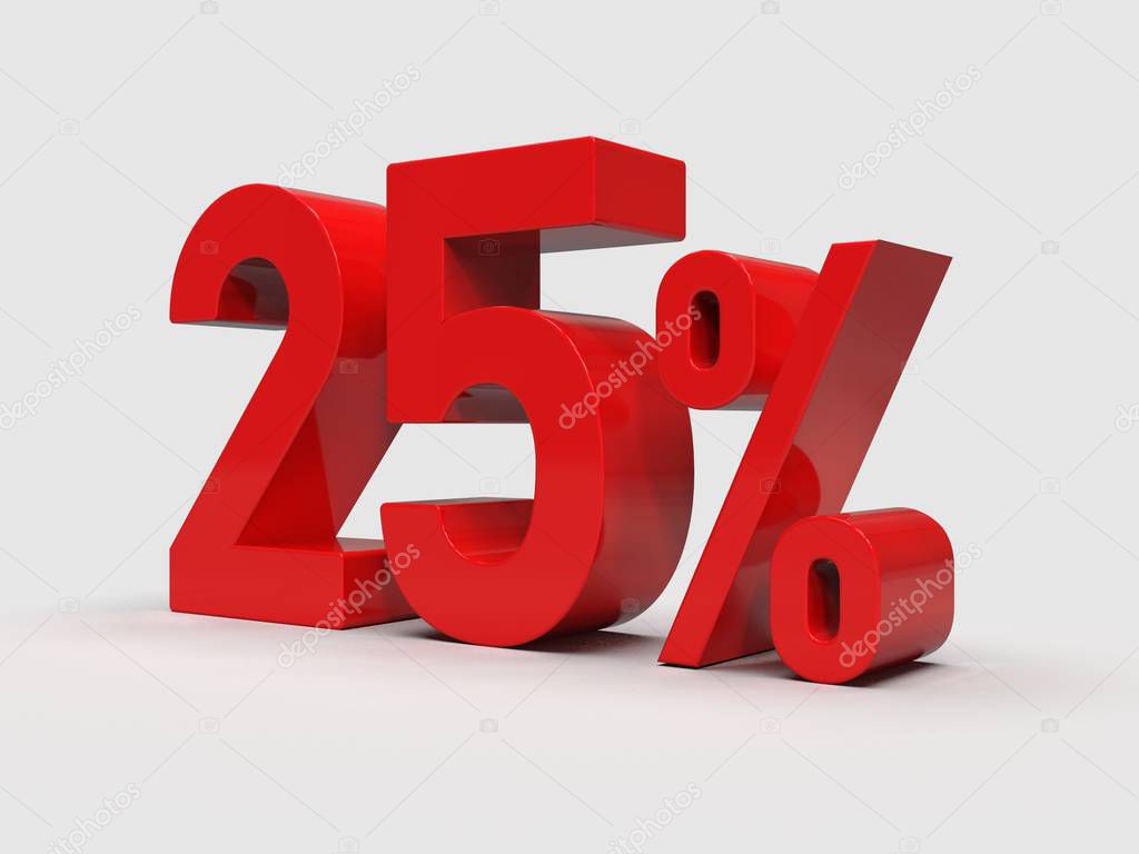 3d Render: Red 25% Percent Discount 3d Sign on White Background, Special Offer 25% Discount Tag, Sale Up to 25 Percent Off,  Twenty-five Percent Letters Sale Symbol, Special Offer Label, Sticker, Tag